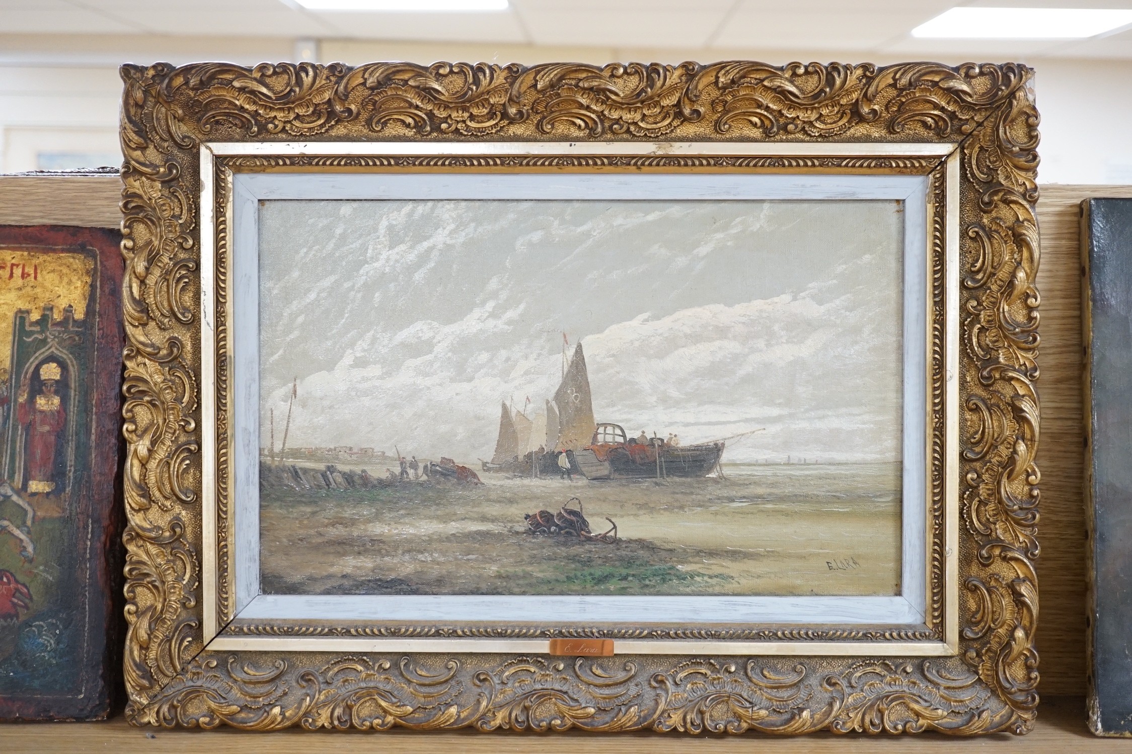 Edwina Lara (fl.1862-1871), oil on canvas, 'Low Water near Hove', signed, 25 x 40cm